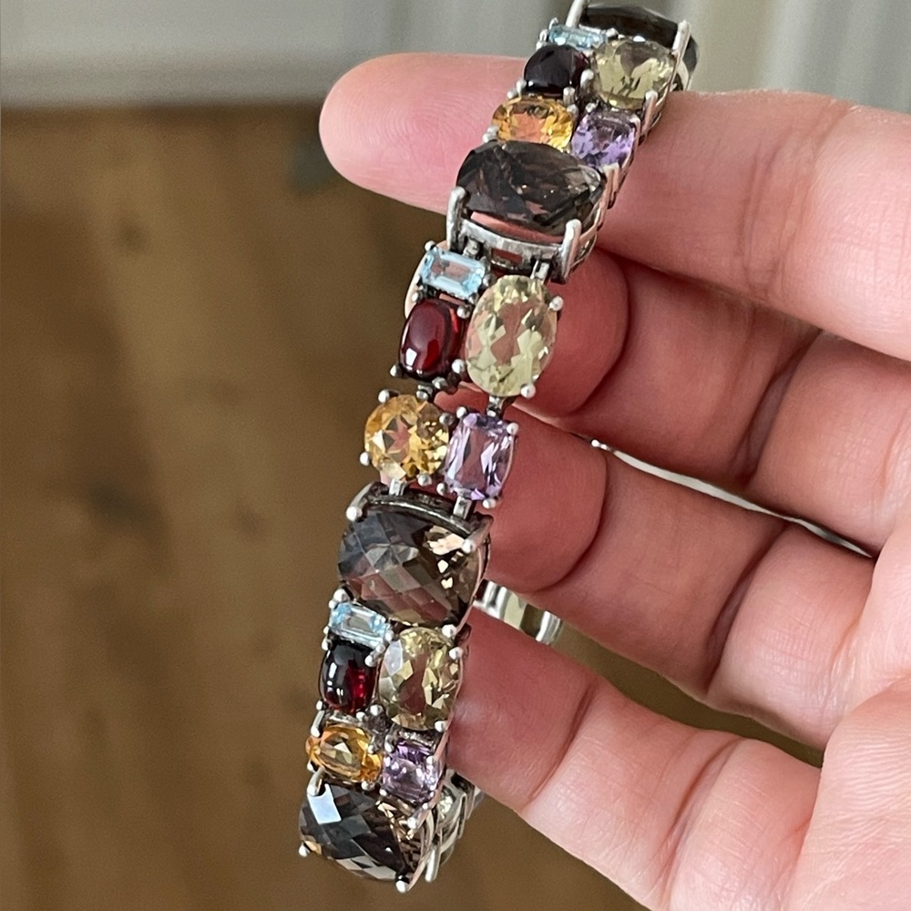 Multi Gemstone Heavy Solid Sterling Silver Bracel… - image 2